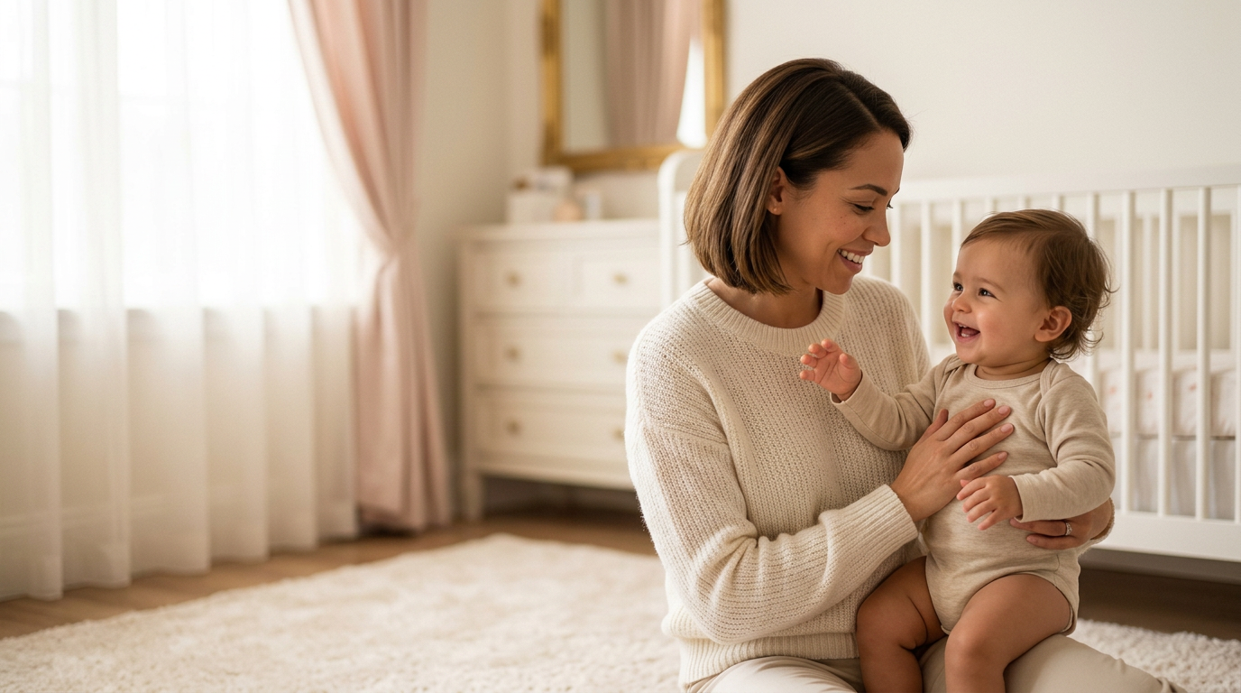 Baby nurse holding a swaddled newborn in a sunlit nursery