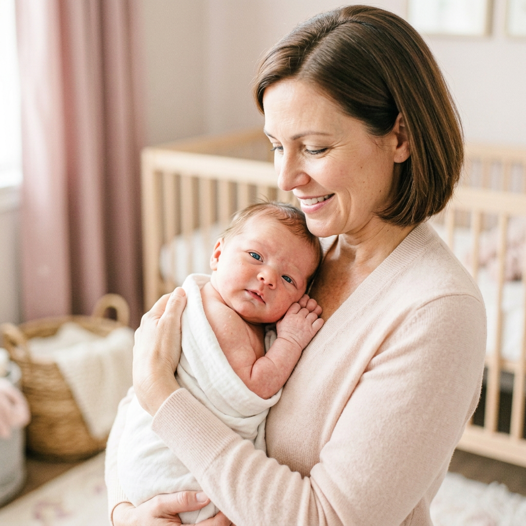 Heidi's Helpers expert baby nurse cradling a newborn in a serene sunlit nursery