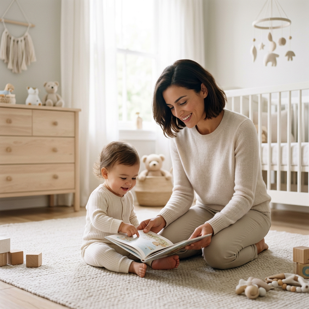 Rotational nanny from Heidi's Helpers reading a picture book to a smiling toddler — 7-day continuous childcare coverage for South Florida families.